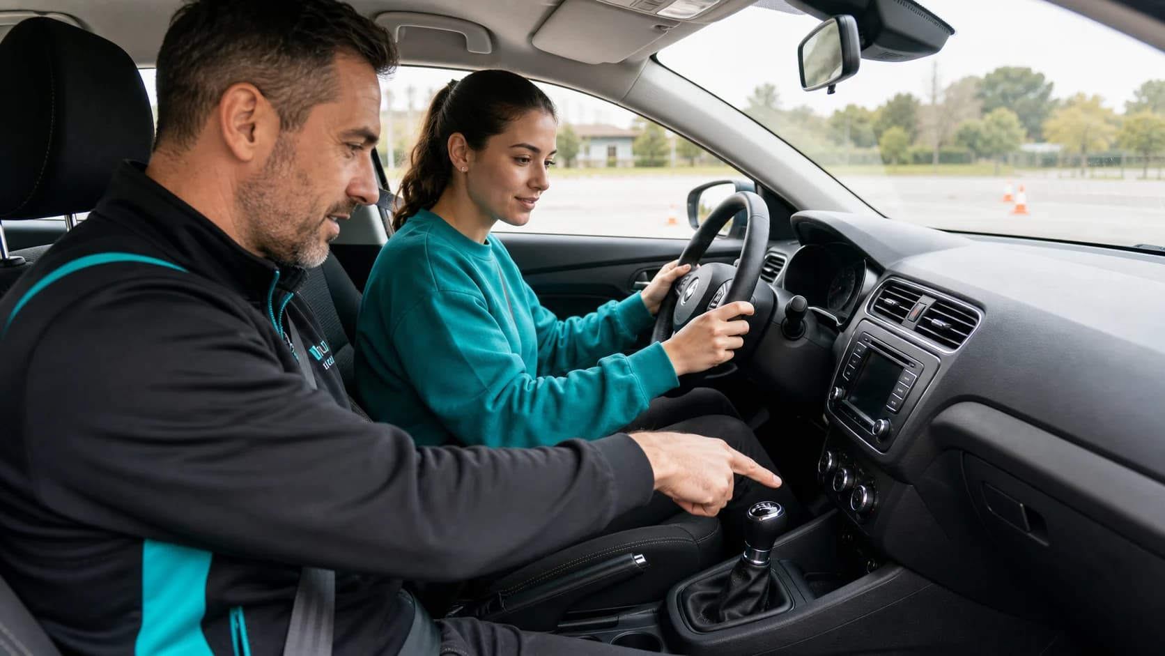 Moniteur LODENE désignant le levier de vitesses à une élève au volant d'une voiture à boîte manuelle.